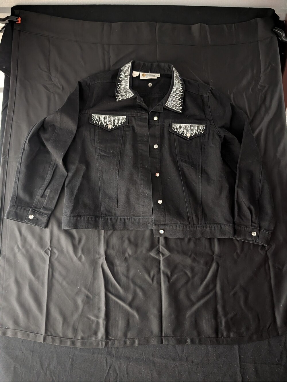 Christine Alexander Black Denim Jacket Swarovski Crystal Collar Womens XL Bling